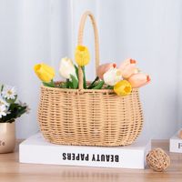 Panier à fleurs en rotin beige ovale tressé à la main, style soufflé, simple, souvenir, DIY, avec poignée portable, pour fleuriste du Shandong