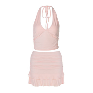 Mince débardeur Mini jupe 2 pièces <span class=keywords><strong>robe</strong></span> ensembles femmes col en V licou Sexy haut court jupe <span class=keywords><strong>courte</strong></span> femme plage Club <span class=keywords><strong>robe</strong></span> de soirée ensemble 3490 - Product Image 6