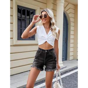 2025กางเกงขาสั้นผ้ายีนส์เอวสูงทันสมัยของผู้หญิงมีขอบเป็นฝอยสำหรับฤดูร้อนลำลองยืดด้านหน้า - Product Image 5