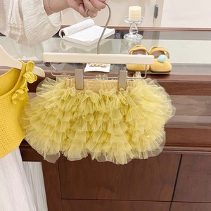 Girls Summer Lemon Yellow Floral Knitted Vest With Tulle Skirt Set Cotton Thin Two Piece Clothing - Product Image 3