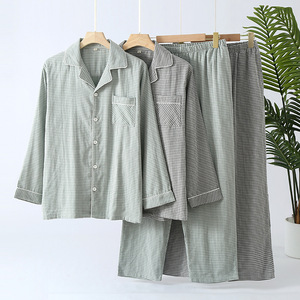 Pyjamas pour hommes Double couche de gaze de coton <span class=keywords><strong>japonais</strong></span> décontracté tricoté à manches longues à carreaux mince ensemble de vêtements d'été - Product Image 1