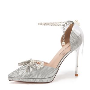 Zapatos de Novia con Tacón de Aguja, Punta en Pico, Correa en el Tobillo, Lazo de Satén, Color Sólido, Tendencia de Moda, 5cm-8cm - Product Image 5