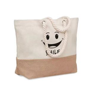 Sac fourre-tout en toile de haute qualité pour la plage, patchwork toile et jute avec poignée en cordon et fond en jute, vente en gros - Product Image 1