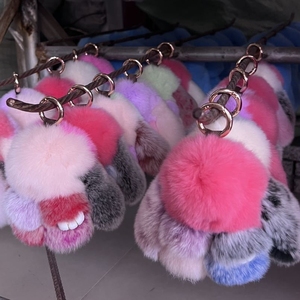 可爱真兔毛长耳豹子兔子钥匙扣斑点兔娃娃魅力玩具饰品钥匙圈饰品绒球挂件礼品 - Product Image 2