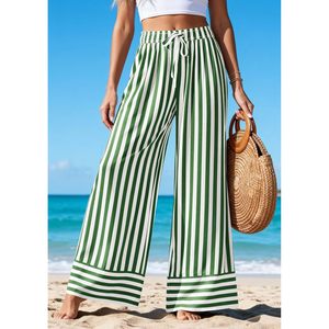 Womens Palazzo <b>Pants</b> Green White Striped Wide Leg High Waist Flowy Chiffon Lounge Trousers Casual <b>Summer</b> <b>Pants</b> - Product Image 3