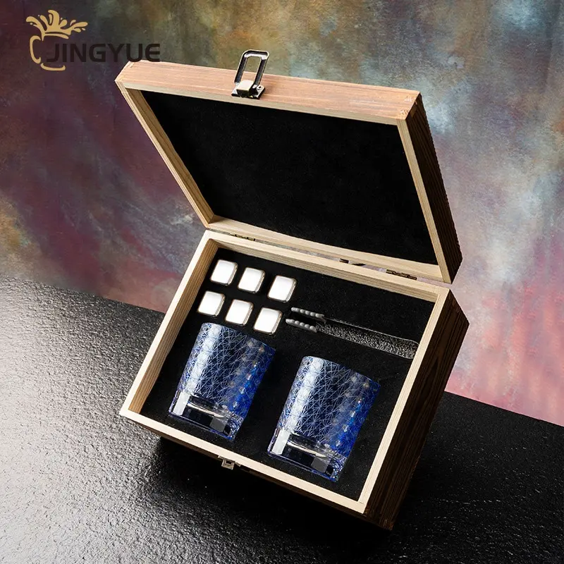 Luxury Hand Made 10oz Crystal Whiskey Glass Gift Set with Metal Ice Cubes in Wooden Box for Men