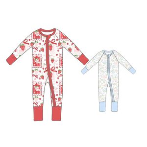 Bộ liền thân bé gái bán chạy nhất, họa tiết dâu tây phối nơ, chất liệu sợi tre mềm mại, khóa kéo - Product Image 1