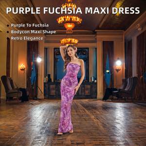 Robe longue moulante sans bretelles vintage avec perles, imprimé dégradé violet-fuchsia, très élastique, pour soirée formelle ou cocktail, sans manches - Product Image 2