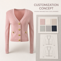 Kardigan Rajut Wanita Warna Pink, Kerah V, Lengan Panjang, Kancing Warna Emas, Tekstur Rib, Saku Tempel, Model Fitted, Pakaian Kasual untuk Layering