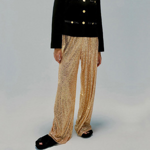 Pantalon droit à paillettes pour femme, nouveau modèle, taille haute, couleur unie, pour soirées, tenues de fête, mode streetwear, noir - Product Image 3