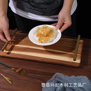 Bandeja de Servir de Madera de Acacia con Asas de Metal, Diseño de Rayas, Color Quemado, para Café y Té en Hoteles - Product Image 3