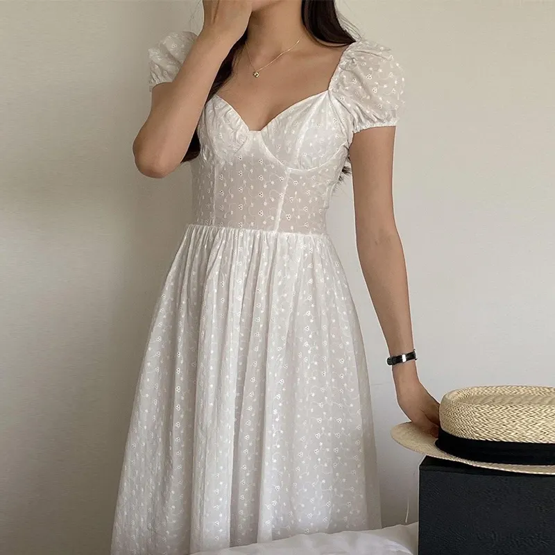 Wholesale 2023 Summer French Style Square Neck Embroidery Wave Dot Waist Show Thin Bubble Sleeve Mid Length Women's Dress