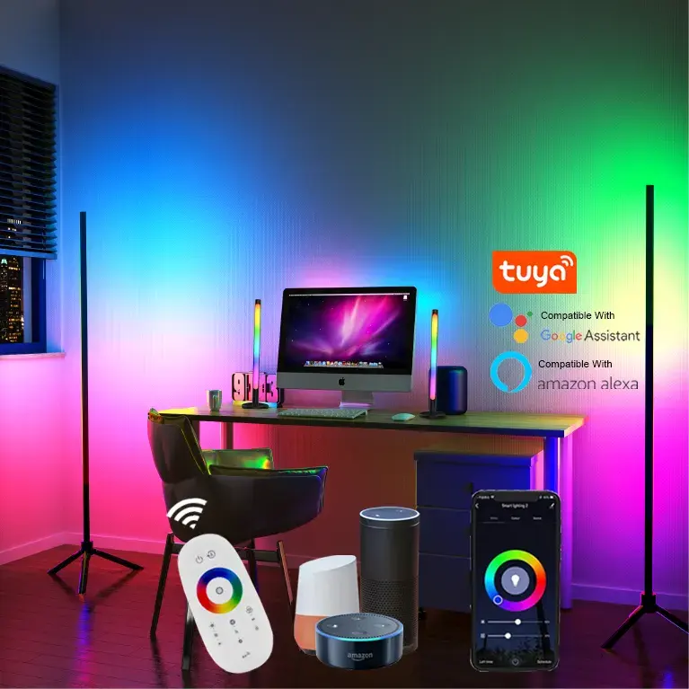 Nordic Rgb Tuya Remote Control Color Change Stand Corner Floor Lamp For Bedroom Smart Wifi Music Sync Ambient Floor Light