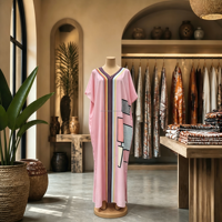 Robe longue Kaftan africaine grande taille pour femme, motif rayé central, patch géométrique contrastant côté droit, infroissable
