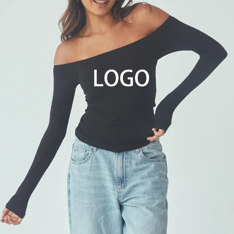 Oem/Odm Custom Logo Stretch Geribbelde Lange Mouw Off The Shoulder Lounge T-Shirt Met Ingebouwde Pads Voor Vrouwen