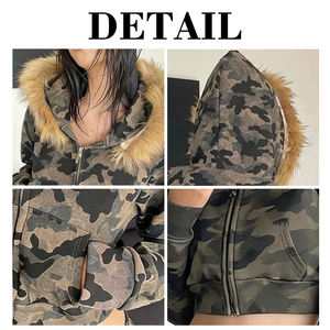 Sweat à capuche court camouflage pour femme KingSen, de haute qualité, en coton, avec fermeture éclair, capuche en fourrure, broderie 3D, logo sur le devant - Product Image 5
