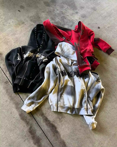 Tùy Chỉnh Axit Rửa Áo Người Đàn Ông Mặt Trời Faded Cổ Điển Nặng Rhinestone Ba Dây Kéo Tracksuit Zip up Thời Trang Đường Phố Quá Khổ - Product Image 4