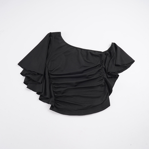 Top Asimétrico con Volantes y Hombro Descubierto, Cuello Inclinado, Manga Corta, Ajuste Ceñido, Estilo Hot Girl, Efecto Adelgazante - Product Image 6
