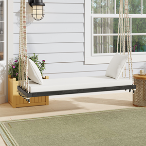 Patio <b>Wooden</b> Swing Chair Hanging Porch <b>Bench</b> With Cushion And Pillows 10.8Ft Hemp Ropes For Garden Backyard - Product Image 1