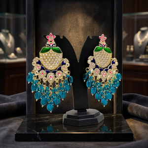 Indian Traditional Meenakari Peacock <b>Earrings</b> Gold Plated Kundan Statement Chandelier Dangle <b>Earrings</b> with <b>Blue</b> Crystal Beads - Product Image 2
