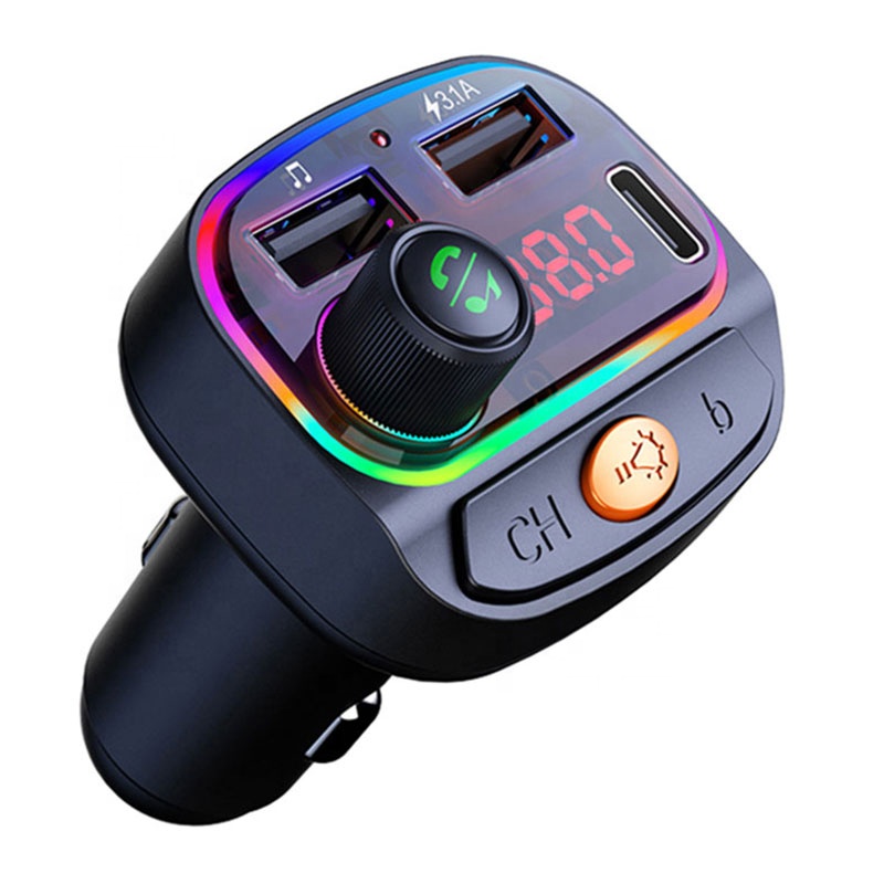 The New Colorful lights car stereo phone charger wireless fm transmitter car mp3 player with fm modulator USB C charge