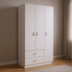 Armoire à trois portes Bosko, design moderne blanc, meubles de chambre à coucher avec deux tiroirs et poignées métalliques, autoportante - Product Image 2