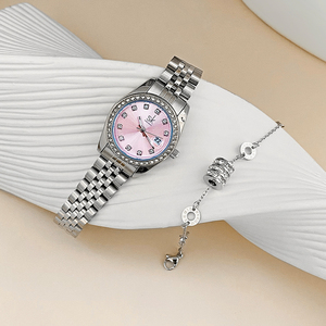 Set Regalo Personalizzato per Donna: <span class=keywords><strong>Orologio</strong></span> al Quarzo con <span class=keywords><strong>Bracciale</strong></span> in Pelle, Quadrante 30mm, Scatola Arancione, MOQ 96 Set, Movimento SEIKO, Resistente all'Acqua - Product Image 3