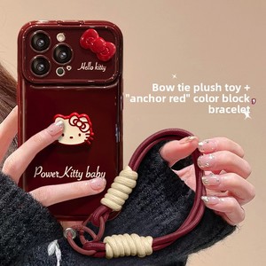 Dragonne de téléphone en silicone souple rouge bordeaux avec motif chat nœud papillon et dessin animé, pour coque de téléphone 16PRO à grande fenêtre - Product Image 3