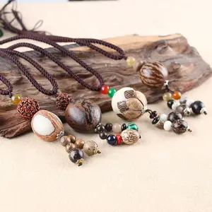 2024 Vintage Nepal Long Buddhist Sweater Chain Wooden Pendant Necklace Bohemian Handmade Wood Beads Long Statement Necklace