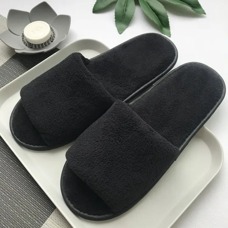 Wholesale luxury hotel room waffle indoors blank personalized washable disposable hotel slippers black