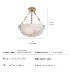 Lámpara de Techo Moderna de Alabastro, Decoración de Hotel de Lujo, Cuenco de Piedra Natural Tallada, Cadena de Latón, Banda Acanalada, Montaje Semi Empotrado - Product Image 4