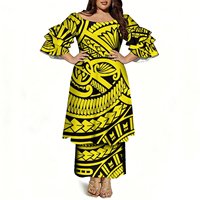Ensemble 2 pièces pour femmes grandes tailles, haut à manches évasées à volants, jupe longue, imprimé tribal polynésien violet noir, robe Samoa Puletasi