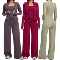 Ensemble de yoga 3 pièces en nylon élasthanne haute élasticité : veste zippée + soutien-gorge + leggings évasés – Tenue de sport et fitness – Vente en gros