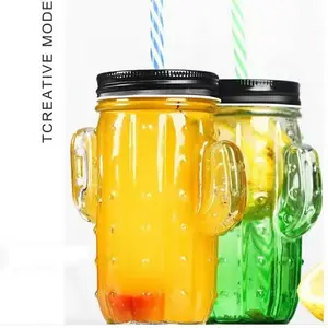 Hot Sale Unique Shaped Colorful Glass Cactus Bottles For Juice 16oz Mason Jar Water Glass Coffee Cups With Straw And Lid