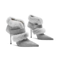 Bottines à talons aiguilles pour femmes grandes tailles, nouvelle collection automne-hiver 2026, grises, avec bordure en fourrure, bout pointu, design sexy à lanières, bottines tendance