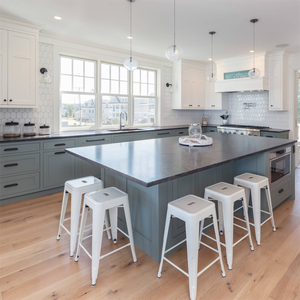 CBMmart-armarios de cocina de estilo lacado azul claro, Panel de puerta empotrada de 2 PAC, encimera blanca, Panel de puerta de vidrio marrón - Product Image 4