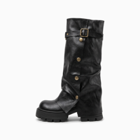 Bottes mi-mollet vintage pour femme, style décontracté, en PU, à plateforme et semelle crantée, avec boucle et rivets, logo personnalisé, faible MOQ, vente en gros, usine OEM ODM