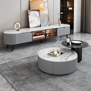 Set di Tavolini da Salotto Moderni ed Ecologici, Tavoli Rotondi <span class=keywords><strong>in</strong></span> Lastra di Roccia con Accenti <span class=keywords><strong>in</strong></span> Legno, <span class=keywords><strong>Arredamento</strong></span> per la Casa - Product Image 4
