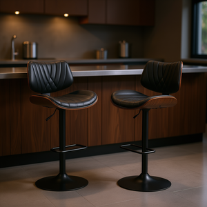 Tabourets de bar réglables de style moderne du milieu du siècle avec revêtement en cuir noir et cadre en bois de noyer, pivotants à 360 degrés, base ronde en métal - Product Image 2