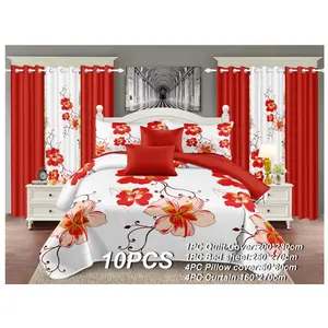 Juego de cama de cortina de poliéster con estampado de flores rojas azul marino y mezcla de lino impresa en 3D personalizada King 10PCS