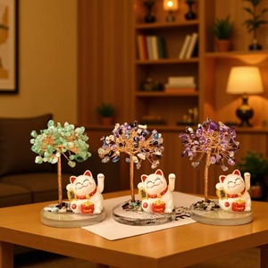 <b>Crystal</b> Money Tree With Lucky Cat Figurine Desktop Ornament Feng Shui Decoration Home Gift Round Shape <b>Animal</b> Model - Product Image 1