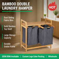 Panier à linge double en bambou de qualité supérieure avec étagère supérieure à lattes, 2 bacs coulissants en tissu pour la chambre et l'organisation de la maison