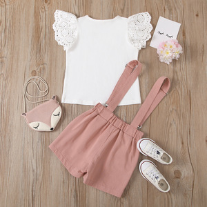 CJS2102 Conjunto de Ropa de Verano para Niñas, Camisa Blanca de Encaje + Pantalones Cortos con Tirantes Rosas, Conjuntos de Ropa para Niños de 1 a 6 Años - Product Image 4