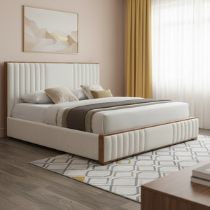 Beige Chenille & Walnut Finish Modern Adjustable <b>Convertible</b> Luxurious EK <b>Bed</b> - Product Image 1