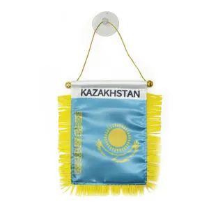 Benutzer definierte Kasachstan Satin Wimpel Flagge Auto Mini Flag Banner mit gelben Quasten
