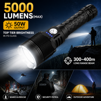 Lampe torche LED rechargeable 5000 lumens Type-C 50W haute puissance, étanche IP65, faisceau longue portée 300-400M