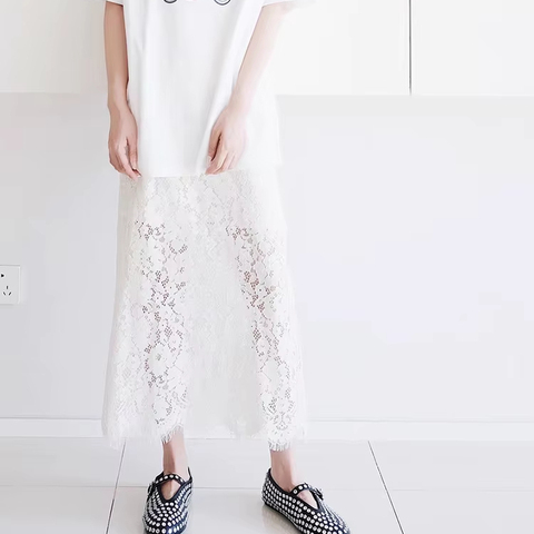 Summer Dresses 2025 White Cotton Lace Midi Skirt Elastic Waist A-line Midi Skirt for Women