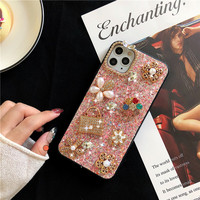 Étui de téléphone portable pour 16 Pro 17Promax 14plus, design portefeuille fait main avec fleurs en strass scintillants, protection 360°
