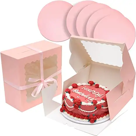 Scatola per torta rosa carta artistica con finestra in PVC Logo personalizzato scatole di carta eleganti e di alta qualità per l'imballaggio