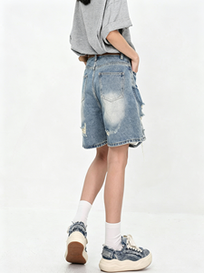 Shorts in Denim Americano Retrò Effetto Usurato da <span class=keywords><strong>Donna</strong></span>, Pantaloni a Gamba Larga Strappati a Vita Alta Stile Y2K, <span class=keywords><strong>Jeans</strong></span> Casual Estivi - Product Image 4